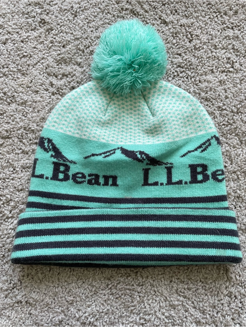 LL Bean Beanie Aqua Adult Blue White Striped Knit Acrylic Blend Ski Pom Hat